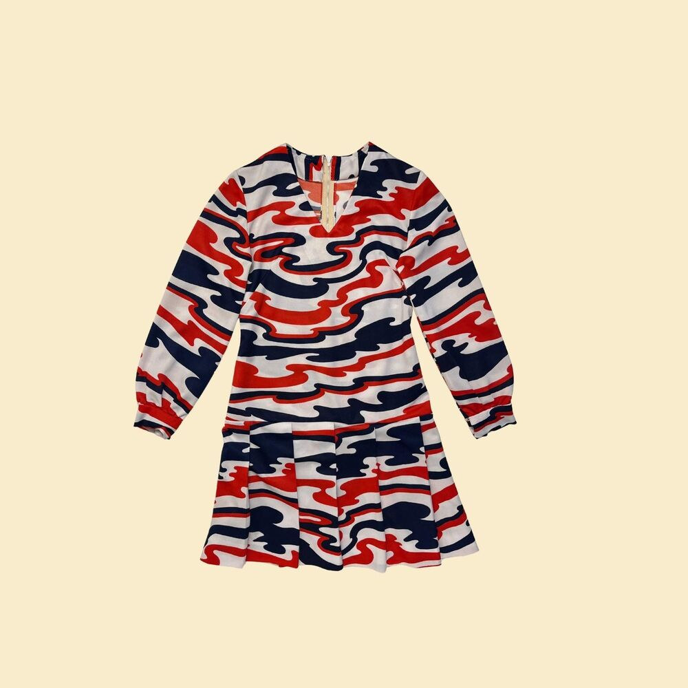 Vintage 70s abstract dress, 29" waist handmade 1970s red/white/blue midi dress